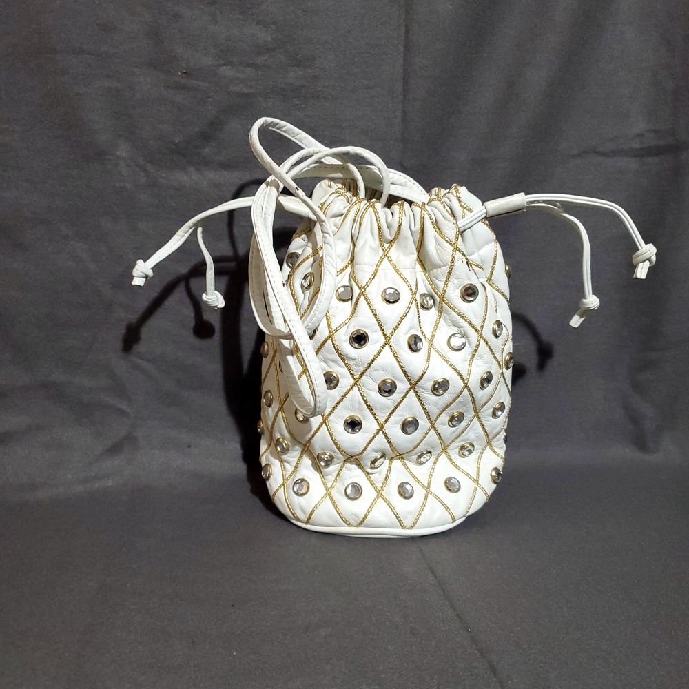 Tiffany Rose Purse Vintage Leather Bucket Bag White Quilted Drawstring Eyelet - Picture 5 of 7